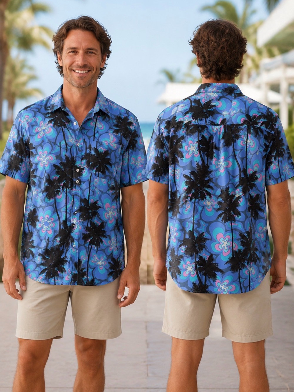 Rip Curl Blue Palm Print Short-Sleeve Button-Down Shirt